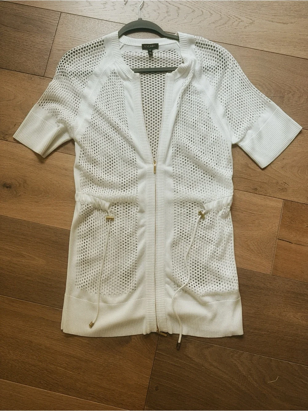Escada White Open-Knit Zip Front Swim Coverup with Drawstring - Picture 5 of 7
